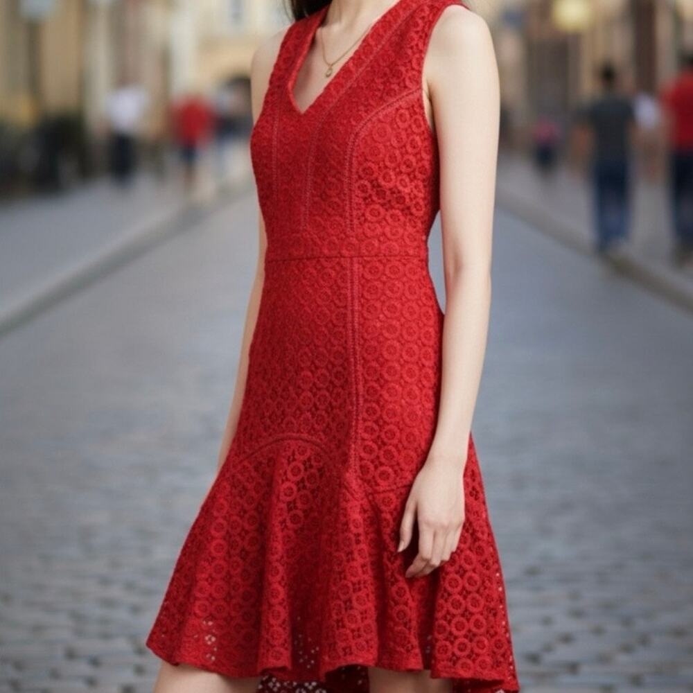 SAN & SONI x ANTHROPOLOGIE | Lace Guipure‎ Flounce Red Fit & Flare | Size 2